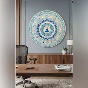 Hand-Painted Wooden Mandala 24”. Meditation Art with Inlays Boho Spiritual Decor